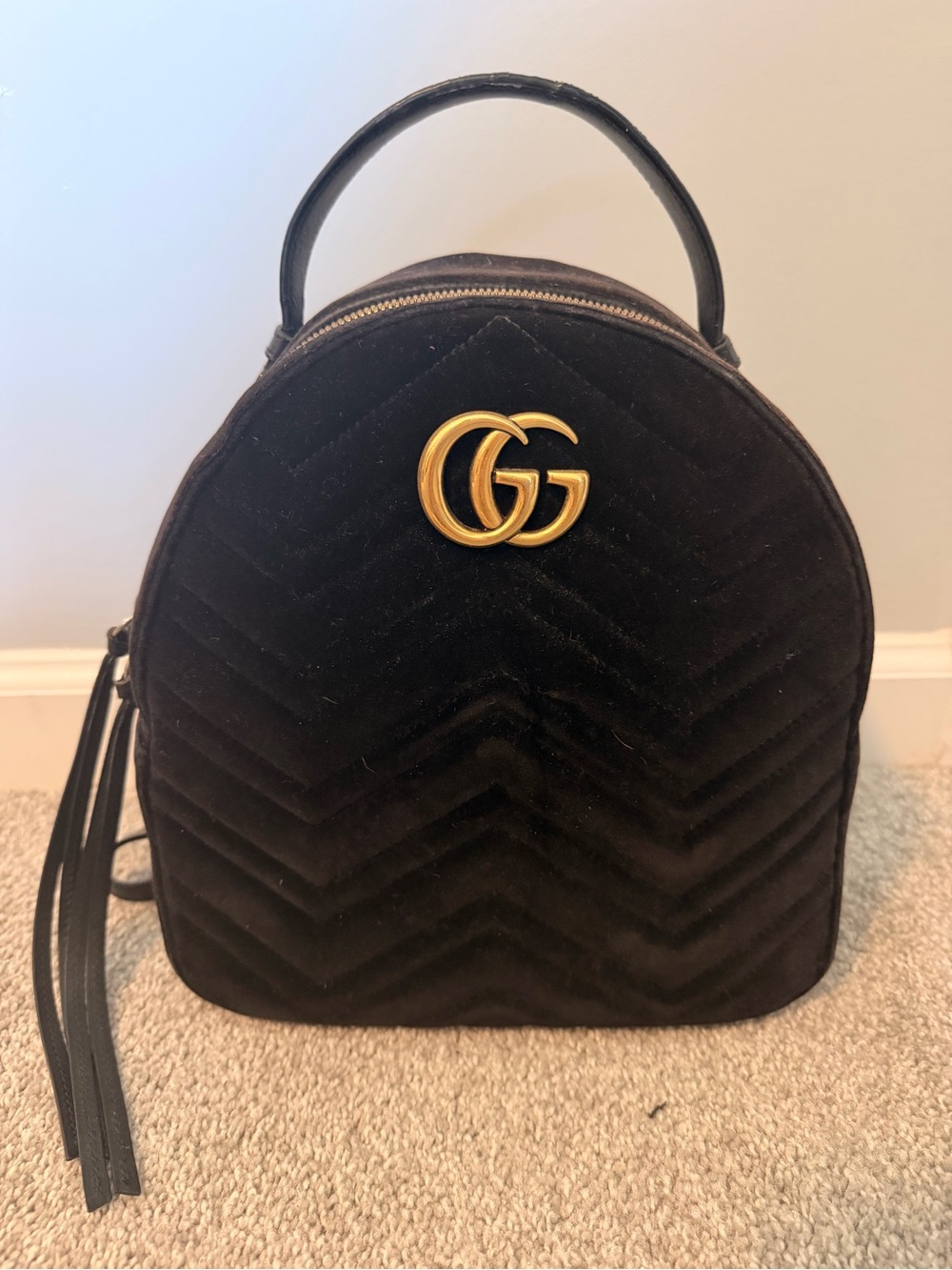 GUCCI Black Velvet Marmont GG Logo Top-Handle & Backpack